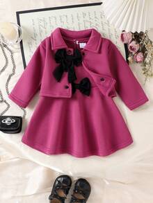 2 件套女婴优雅可爱保暖内衬长袖夹克 + 套头衫连衣裙套装，秋冬 - 玫紅色 - 查看 3