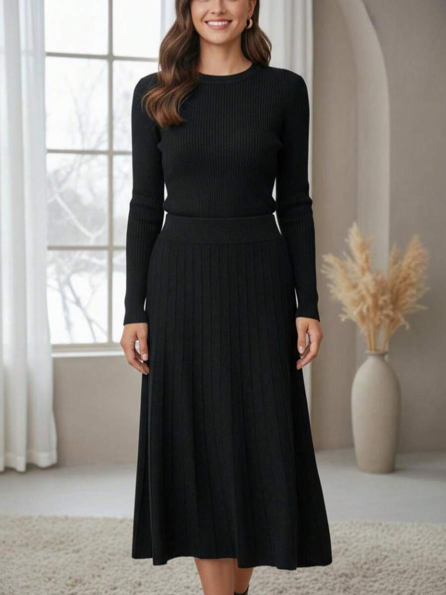 Mid Modal Ribbed Knit Skirt, Thick High Waist With Elastic - 黑色 - 查看 1