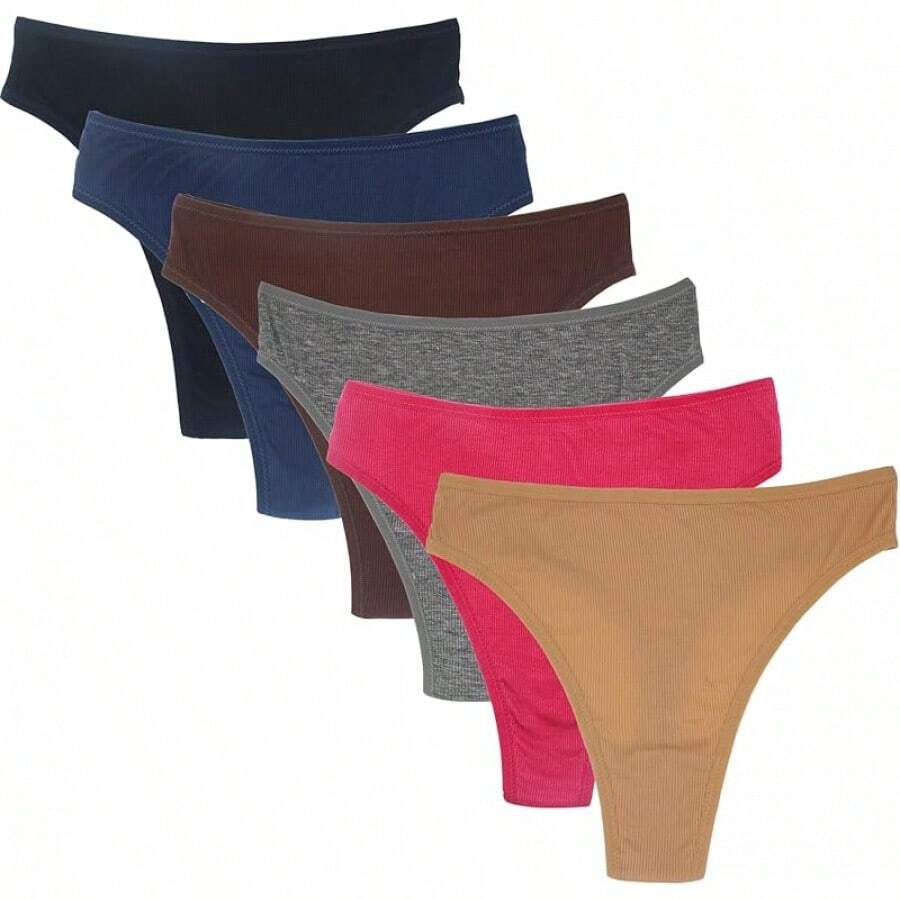 High Waisted Cotton Thongs For Women, Breathable Plus Size Multipack - 黑色*1 紅色*1 裸色*1 深藍色*1 咖啡*1 灰色*1 - 查看 1