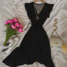 Polka Dot And Polka Dot Wrap Midi Dress With Adjustable Charm And Fluid Ruffle - đậu đen - Xem 4