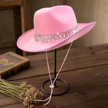 Shiny Rhinestone Cowgirl Hat For Women Solid Color Wide Brim Western Cap With Windproof Rope - Pink - View 2