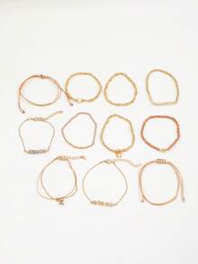 Set de 11 piezas de pulseras ajustables con cuentas y trenzado con forma de corazón, estilo bohemio, pulseras elásticas de CCB para mujeres - Dorado - Ver 5