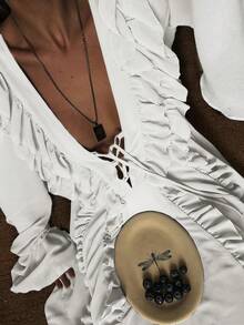 浪漫奢华多层荷叶边长袖收腰迷你连衣裙，波西米亚风V领飘逸长裙，返校季迷你连衣裙，女士秋季连衣裙，优雅复古连衣裙，圣诞节装扮，哥特风 #波西米亚 - 白色 - 查看 6