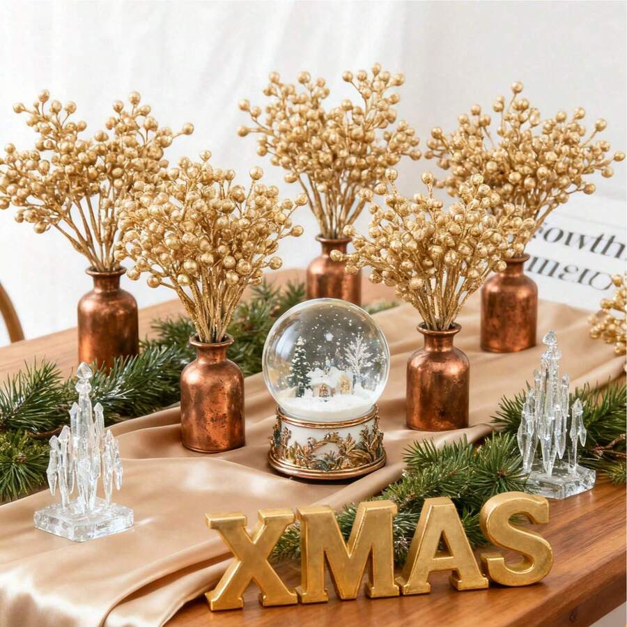 1/3pcs Artificial Christmas Beads Christmas Stems Fake Plants Flower Bouquet For Home Decor, Wedding Decor, Garland Christmas, Room Decor, Balcony Decor, Kitchen, Dining Room, Bedroom Decor, Living Room Decor, Party Decorations, Halloween Decor, Christmas Decorations, Christmas Crafts, Birthday Party, Christmas Table Decorations, House Decor, Christmas Gifts Pumpkin Vase Outdoor Garden Decor