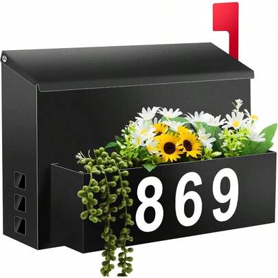 WallMount Mailbox With Flag Large Capacity Mailboxes For Outside House With Planter 3 Sets Of 09 Mailbox Number Stickers Gaanized Steel RustProof Post Box Metal Mail Box 13.8W9.8H3.9D