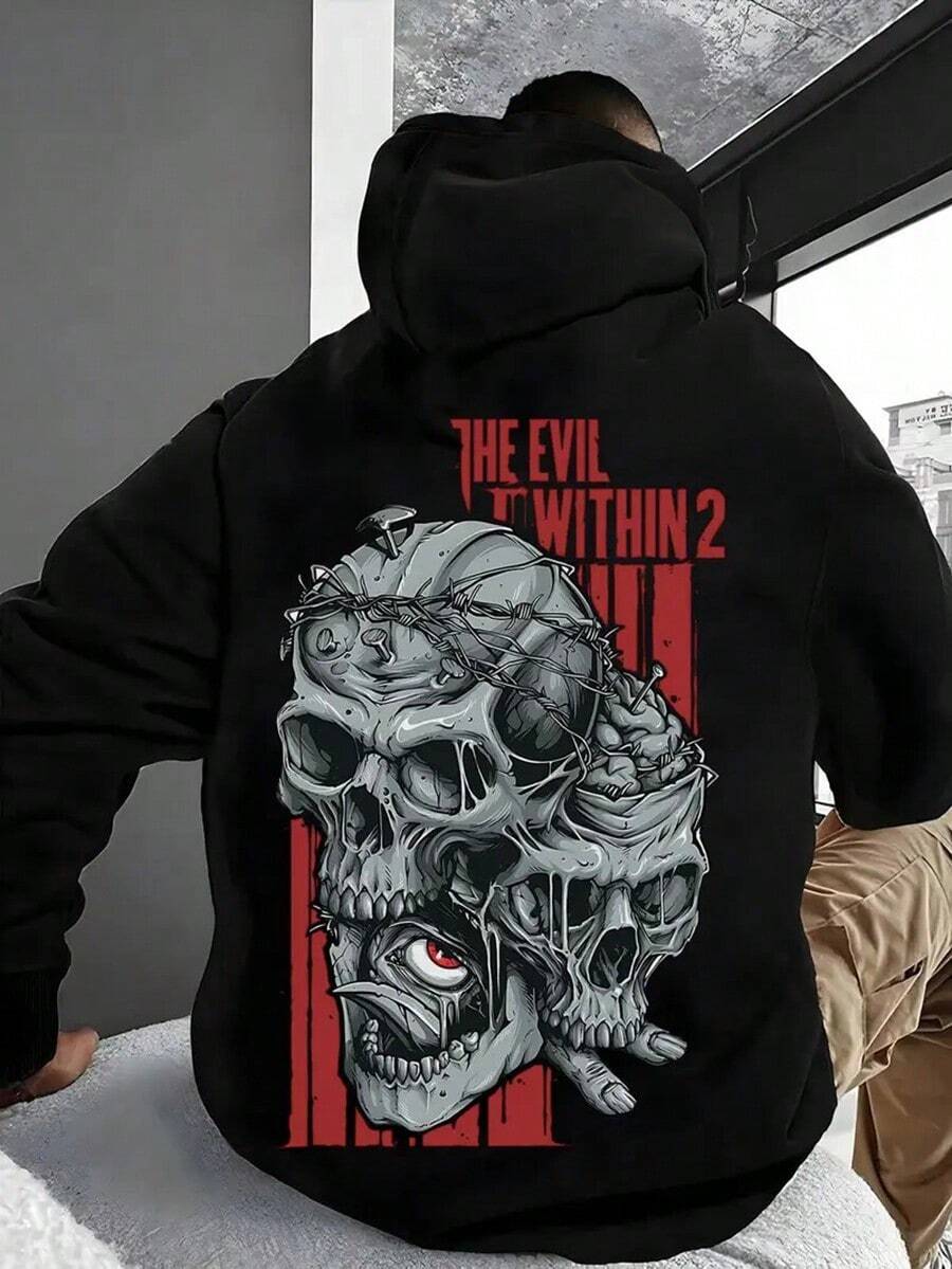 Men'S Horror-Themed Skull Hoodie With Red "The Evil Within" Print - Soft & Comfortable Long Sleeve Pullover, Edgy Gothic Lettering & Skull Graphic, Front Pocket, All-Season Casual Wear, Comfortable Fit For Horror Fans & Themed Events (Regular Cut), Graphic Hoodie Men, Hoodie For Men Graphic, Halloween Hoodie For Men, Hoodie Graphic Men, Men Hoodie For Men, Men Graphic Hoodie, Men Hoodie Graphic, Black Hoodie Men, Men Sweatshirt And Hoodie, Hooded Sweatshirt For Men, Men' Hooded,Fall Hoodies,Men's Fall Clothes,Street Wear,Halloween,Mens Hoodies,Y2k Clothes,Jesus Hoodie,Thanksgiving Day,Nightmare Before Christmas,Christmas - 黑色 - 查看 1