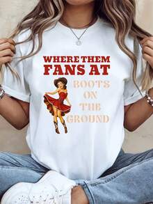 Women's Boots On The Ground Print Oversized Cotton T-Shirt, Soft And Breathable, Comfortable And Fitted With A Crew Neck, 220g