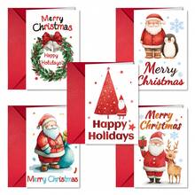 5 kartek świątecznych z kopertami, z kreskówkowym Świętym Mikołajem i wieńcem. Karty podarunkowe na święta.