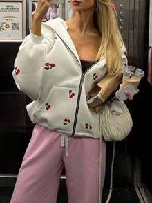 SAOYANGYU Women's Cherry Print Drop Shoulder Long Sleeve Zip Front Casual Hoodie With Pockets, Autumn/Winter - White - View 2