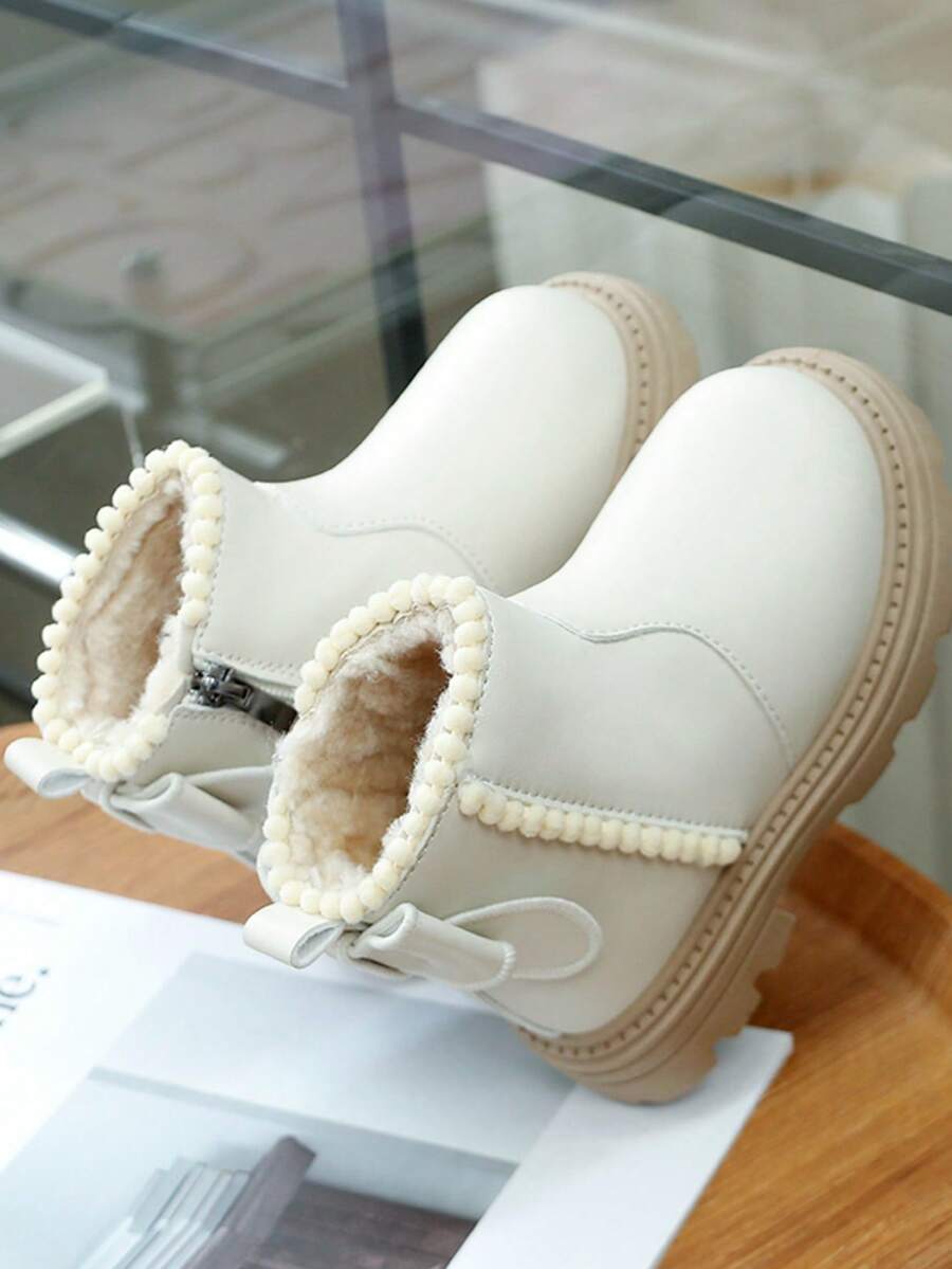 Winter New Kids Boots, Boys Boots Fashion, Girls Lace Leather Boots Warm Plush Short Boots Non-Slip Snow Boots - Beige - View 1