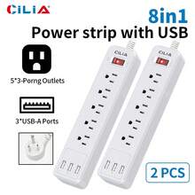 CILIA 1/2 Pcs Flat Plug Surge Protector Power Strip, 6 AC Outlets, 5 Ft Flat Braided Extension Cord,Dorm Room Essentials College,Compact Desk Charging Station Wall Mount For Office, School, Dorm