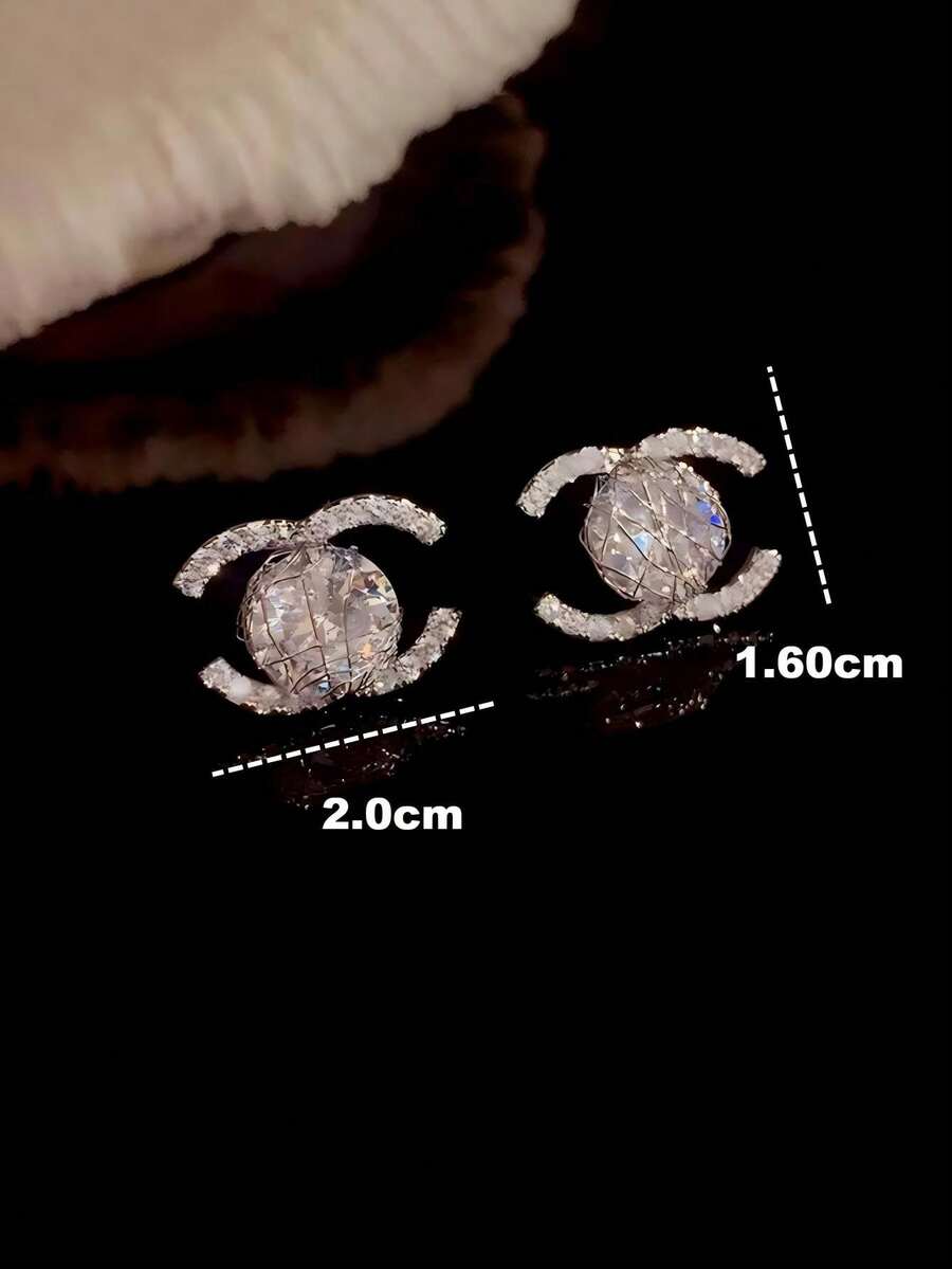 1 Pair Luxury Fully Rhinestone CC Monogram Geometric 925 Sterling Silver Stud Earrings, Suitable As Valentine's Day Gift For Goddess