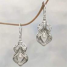 1 Pair Women's Vintage Earrings - Carved Textured Design With Faux Pearl Pendant, Ideal For Casual Daily Wear - 復古銀色 - 查看 1