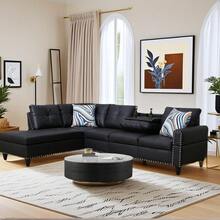Black 97"W Modern L-Shaped Sectional Sofa Set, Synthetic Leather Left-Facing Chaise Lounge Corner Couch, Tool-Free Assembly Modular Sleeper Sofa, Space Saving Multi-Functional Living Room Furniture For Apartments And Offices - màu đen - Xem 8