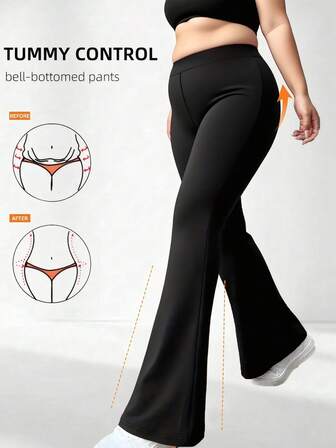 Plus Size Flared Yoga Pants With Pockets, Stretchy Slim Fit Workout Leggings, Casual & Fashionable For Yoga And Leisure