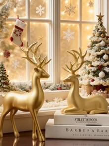 Christmas Golden Deer Statues Set Of 2 - Shiny Resin Reindeer Figurines With Elegant Antlers For Holiday Home Decor, Festive Table Centerpiece, Xmas Mantel, Window Sill & Fireplace Ornaments, Ideal Christmas Decorations For Indoor Party, Family Gathering Supplies And Unique New Year Gift For Friends