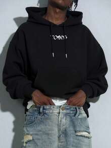 男士加大码复古玫瑰印花基础款连帽衫，黑色，秋冬款，长袖上衣