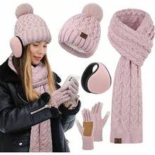 URATOT Women Winter Beanie Hat Scarf Gloves Ear Warmer 4 In 1 Set Beanie Pompom Hat Touchscreen Gloves Long Scarf Ear Warmer - 暗粉紅色 - 查看 12