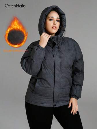 Casaco acolchoado feminino preto, forrado termicamente, à prova de vento, plus size, com capuz e barra ajustáveis, bolso interno, ultra quente para o dia a dia, camping de inverno e esqui. Ideal para mulheres com curvas.