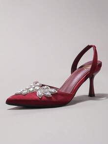 Women's Rhinestone Decor Pointed Toe High Heel Sandals, Sexy Satin Backstrap High Heels, Burgundy, Fashion Party Shoes - Burgundy - View 13