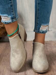 秋冬女装时尚粗跟侧拉链休闲踝靴、粗跟切尔西靴、机车靴、骑马靴、冬靴、女靴、冬鞋、黑色高跟鞋 - 米色 - 查看 3