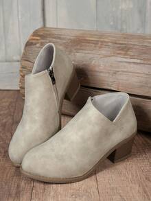 秋冬女装时尚粗跟侧拉链休闲踝靴、粗跟切尔西靴、机车靴、骑马靴、冬靴、女靴、冬鞋、黑色高跟鞋 - 米色 - 查看 5