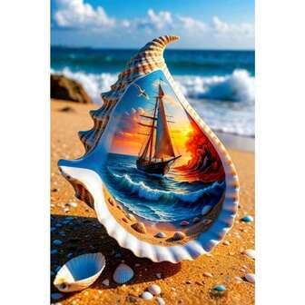 Kit di pittura a diamante con grande barca a vela, disponibile in più dimensioni, set di pittura a diamante fai-da-te, design ispirato alla natura vibrante, tonalità di colori tenui, barca a vela in conchiglia, regalo creativo senza cornice, adatto per la decorazione della casa, ottimo per l'ingresso, lo studio, la camera da letto, kit fai-da-te | Kit di pittura a diamante vibrante | Kit fai-da-te