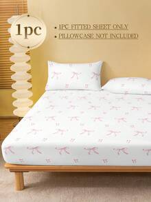 1pc Pink Bow Pattern Fitted Sheet, Mattress Protector, Valentine's Day Mattress Cover, Soft & Breathable, Fits Twin, Full, Queen, King Size Beds, Deep Pocket Design Up To 11.8 Inches - White - View 2