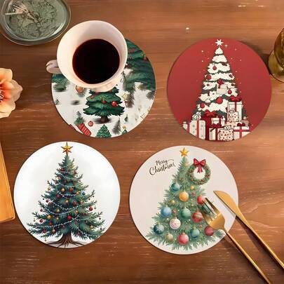 Posavasos redondo de madera, diseño de árbol de Navidad - Posavasos de madera natural resistente al calor, decoración navideña/azul con patrón de estrella dorada, protector de mesa lavable, adecuado para el hogar, la oficina, regalo de inauguración de la casa (madera, decoración navideña), 2D plano