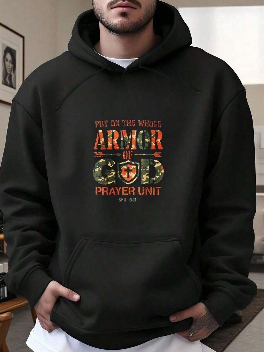 Men's Letter Graphic Print Long Sleeve Drawstring Hoodies Black White Options Casual Clothes Armor Of God Prayer Unit Design Art Mens Oversized Graphic Hoodies Sweatshirts Fall Fashion 2025 Pullover Sweaters Winter Clothes Funny Party Gift For Men Size S-3XL,Fall Hoodies,Men's Fall Clothes,Street Wear,Halloween,Mens Hoodies,Y2k Clothes,Jesus Hoodie,Thanksgiving Day,Nightmare Before Christmas,Christmas - Black - View 1