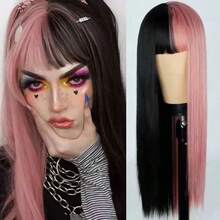 28 Inch Long Straight Pink Black Wig For Women, Gorgeous Fluffy Synthetic Wig With Bangs Natural Appearance Very Soft Synthetic Heat Resistant Fiber Hair, Beautiful Full Machine Hair Wig Suitable For Fashion Girls Daily,Anime Or Costume Cosplay Decoration,Music Festival Dance Party Street Wear Use