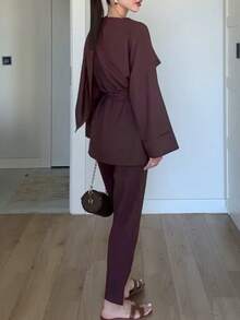 Women's Elegant Long Sleeve Top And Pants 2-Piece Set, Solid Color With Drawstring Pockets, Suitable For Office, Daily Wear, Airport, Spring/Autumn - Burgundy - View 8