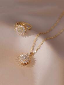 2 Peças Conjunto de Joias Femininas com Zircônia Cúbica Incrustada de Cobre, Girassol Rotativo, 1 Peça Colar + 1 Peça Anel, Tema Floral Requintado e Cintilante, Adicionando Toque Romântico e Luxuoso aos Looks