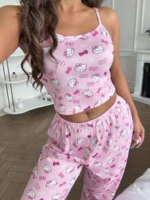 Sanrio 2 件套 Hello Kitty 女式吊带背心印花短款上衣 + 直筒松紧腰裤睡衣套装 - 粉色 - 查看 1