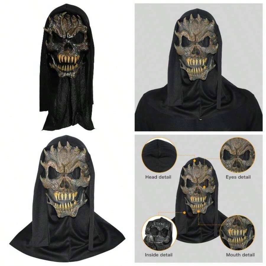 - Mscara de Halloween sonriente y aterradora, cuernos espeluznantes, calavera fantasma, mscara de cara completa con teet afilado, disfraz de cosplay, mscara de ltex de terror - inicial - Ver 1
