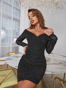 D&M Powder Dusted Criss-Cross Off-Shoulder Fitted Long Sleeve Dress - Black - View 7