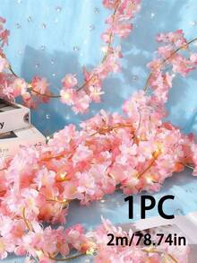 1 Roll LED Cherry Blossom String Lights (2m/6.56ft) - Battery Powered Warm White Fairy Lights For Birthday, Wedding, Ramadan, New Year, Christmas Decor - Pink Plastic Wall Hanging Lamp (Batteries Not Included), Party Atmosphere Lighting | Elegant Wall Lamp | Battery Powered Lights, Decorative Lamp - Pink - View 12