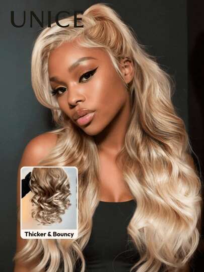UNice 阳光亲吻的沙金色渐变色 13x4 蕾丝前侧分蓬松波浪假发适合所有头型透明蕾丝 100% 真人头发可染色预剪预漂白预拔单发女士假发