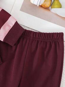2pcs Baby Girls Casual Minimalist Spring/Autumn New Striped Round Neck Long Sleeve Bow Decor Top & Solid Color Flare Pants Set - Multicolor - View 9
