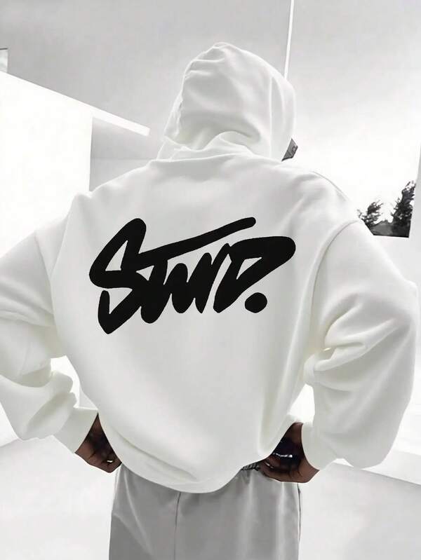 Sudadera con Capucha de Talla para Hombre - Estampado Graffiti en la Espalda, Pullover Blanco Streetwear Ajuste Holgudo Casual Con Bolsillo y Letras Negras, Suéter Lavable aáquina Para Invierno al estilo Urbano (No Incluye Cinturón/Corbata), Sudadera con Capucha para Hombre, Sudaderas con Capucha para Hombre, Suéteres para Hombre, Sudadera con Capucha de Pesoáximo, Camiseta de Manga Larga para Hombre, Sudadera con Capucha para Hombre,