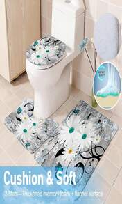 ENYORSEL Blue Bathroom Sets With Shower Curtain And Rugs, 4 Piece Geometric Bathroom Shower Curtain Set With Rugs, Incl Shower Curtain With 12 Hooks, Bath Mat, U-Shaped Floor Mat, Toilet Lid Oval Rug
