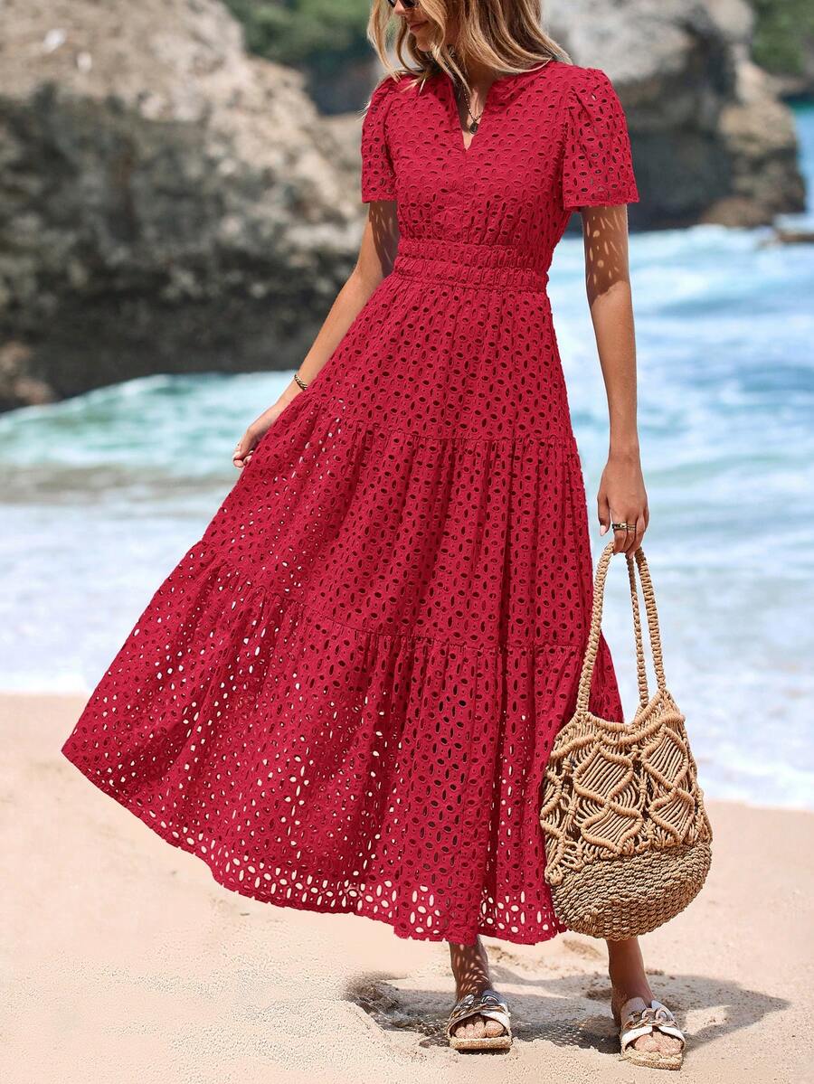 Women's Spring And Summer Maxi Dress Short Sleeve V Neck Hollow Out Eyelet A Line Long Flowy Wedding Guest Beach Vacation Red Dresses For Women - 紅色 - 查看 1