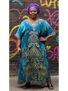 Gypsie Blu Fall Cloths For Women Plus Size Kaftans Dress V Neck Long Caftan Dress - 1X To 3X - 藍色 - 查看 7