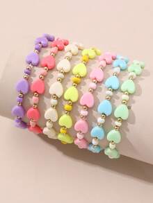 7pcs Colorful Acrylic 5-Petal Flower, Heart, Star Beaded Stretch Bracelet Set, Random Color, Suitable For Girls Daily Wear