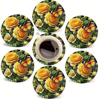 6 piezas Posavasos redondos de madera - Diseño de rosa dorada y mariposa - Posavasos resistentes al calor de 4 pulgadas para café, té y decoración del hogar - Regalo perfecto para inauguración de casa o protección de escritorio, posavasos lindos, 2D planos, 6 piezas/Set, 300 Sets/1800 piezas