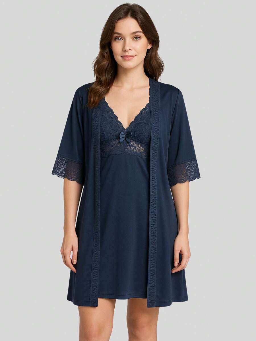 Luxury Romantic And Lace Robe Comfortable Bathrobe Night Line Bride And Maternity - 藏蓝色 - 查看 1