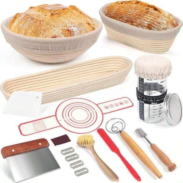 Banneton Bread Proofing Basket Set, 11 Inch Sourdough Proofing Basket And Bread Baking Supplies-Bread Lame, Danish Whisk, Bowl &Amp; Dough Scraper, Brush, (Rattan, 10in Round +10in Oval)