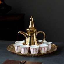 6pcs Luxury Gold Embossed Coffee Cup Set, Modern Middle Eastern Style Ceramic Tea Cups, Saudi Coffee Cups, Elegant Ceramic Mugs, Middle Eastern Style Holiday Gift, Comes With Crescent Moon & Star Gift Box, Designed For Turkish Coffee/Espresso, Elegant Drinkware For Turkish Coffee/Arabic Tea, Suitable For Home, Cafe, Holiday Gifts, Portable Small Coffee Accessories, Includes Exquisite Packaging, Suitable For Christmas, Ramadan, Eid Al-Fitr Gifts, Holiday Atmosphere Gifts