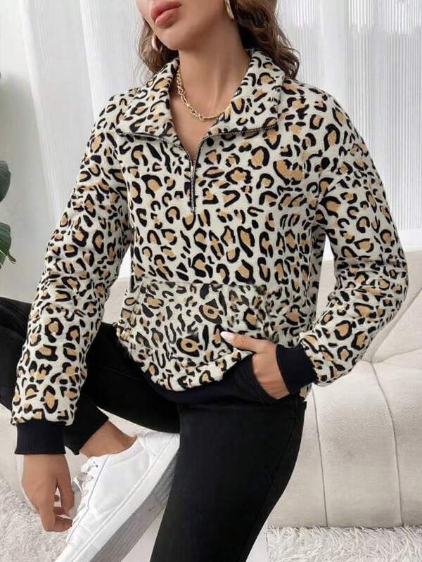 Women's Leopard Print Contrast Zipper Half Placket Long Sleeve Casual Sweatshirt, Autumn