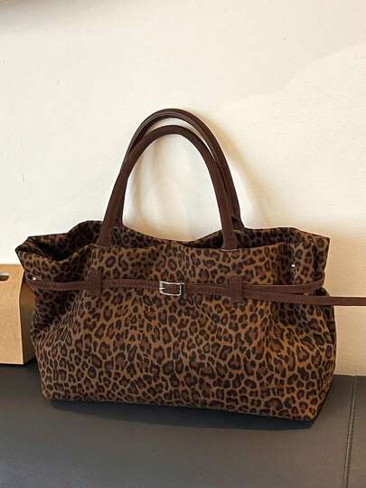 1pc Coffee Leopard Print Vintage Suede-Like PU Tote Bag, Large Capacity, Belt Decor, Retro Minimalist Handbag Suitable For Women Shopping And Daily Use